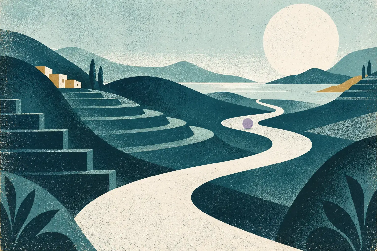 An illustrated winding path through teal hills toward a shared horizon